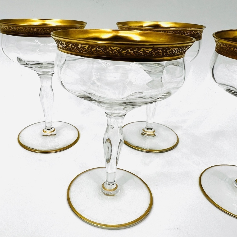 Set of 4 Vintage Minton Tiffin-Franciscan Champagne 4 Ounces Gold Rim Glasses - Picture 4 of 14